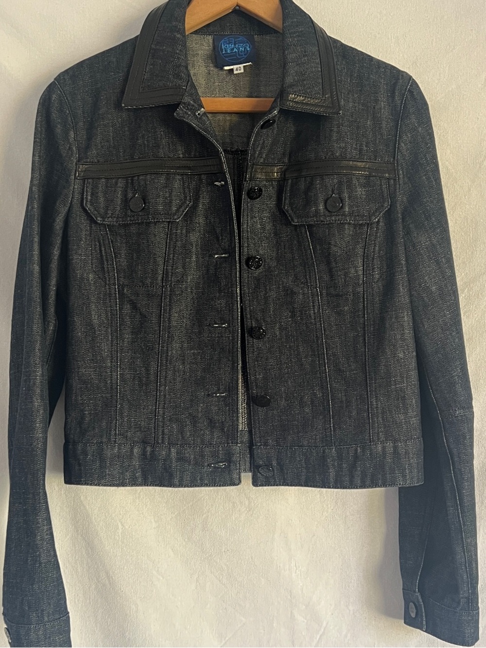 Kenzo Jeans Y2K Denim Jacket Leather Trim Logo Buttons Cropped Italy 40 S/M